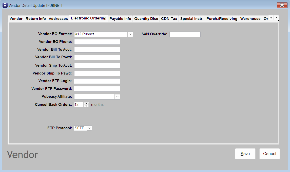 Booklog Vendor Detail Update screen