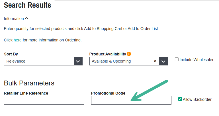 Promotional code box under search results bulk parameters area