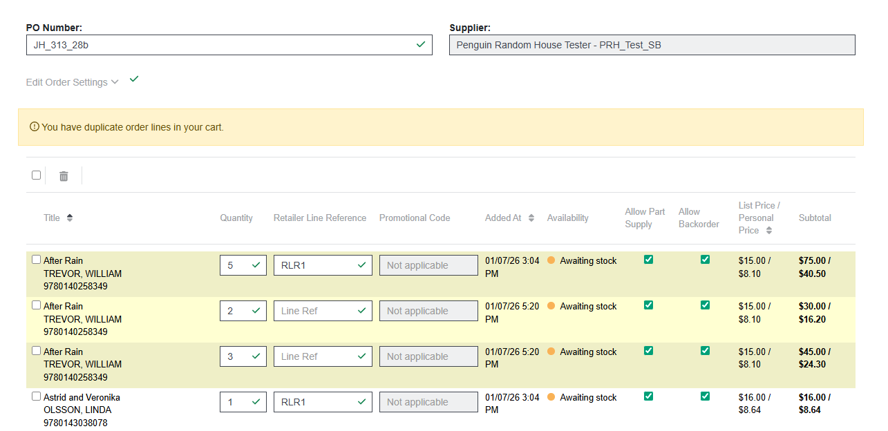 Yellow highlighting if ISBN is in cart more than once