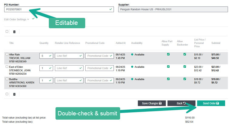 Shopping cart showing editable po number field