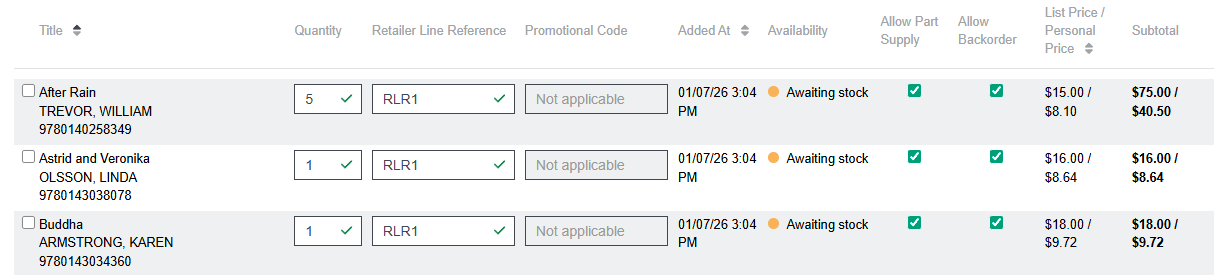Arrow icons for sorting shopping cart
