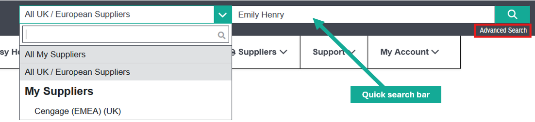 Showing search bar at top of page and dropdown for suppliers